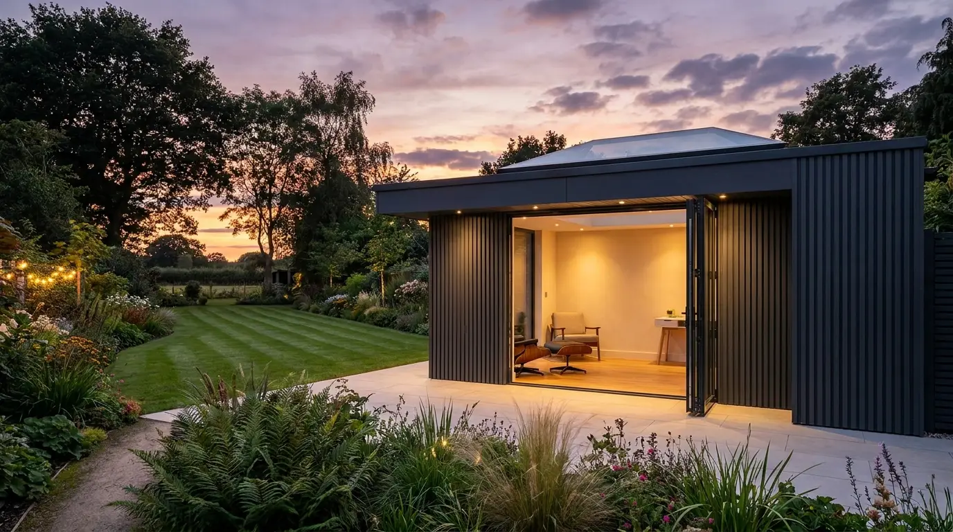 Betta Space garden room at dusk, viewed from the garden path — labelled features include the roof lantern, aluminium bifold doors and vertical composite cladding